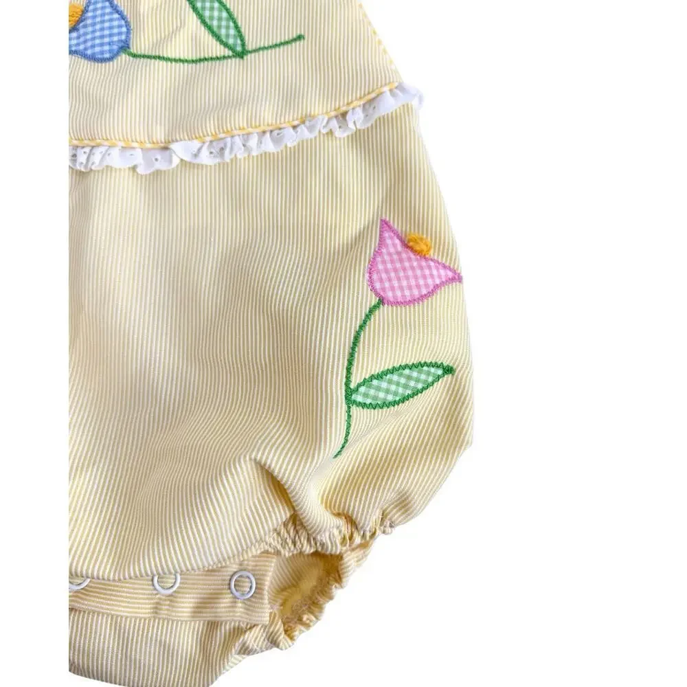 Vintage Baby Girl Yellow Seersucker Bubble Romper Floral Appliqué Spring Sunsuit